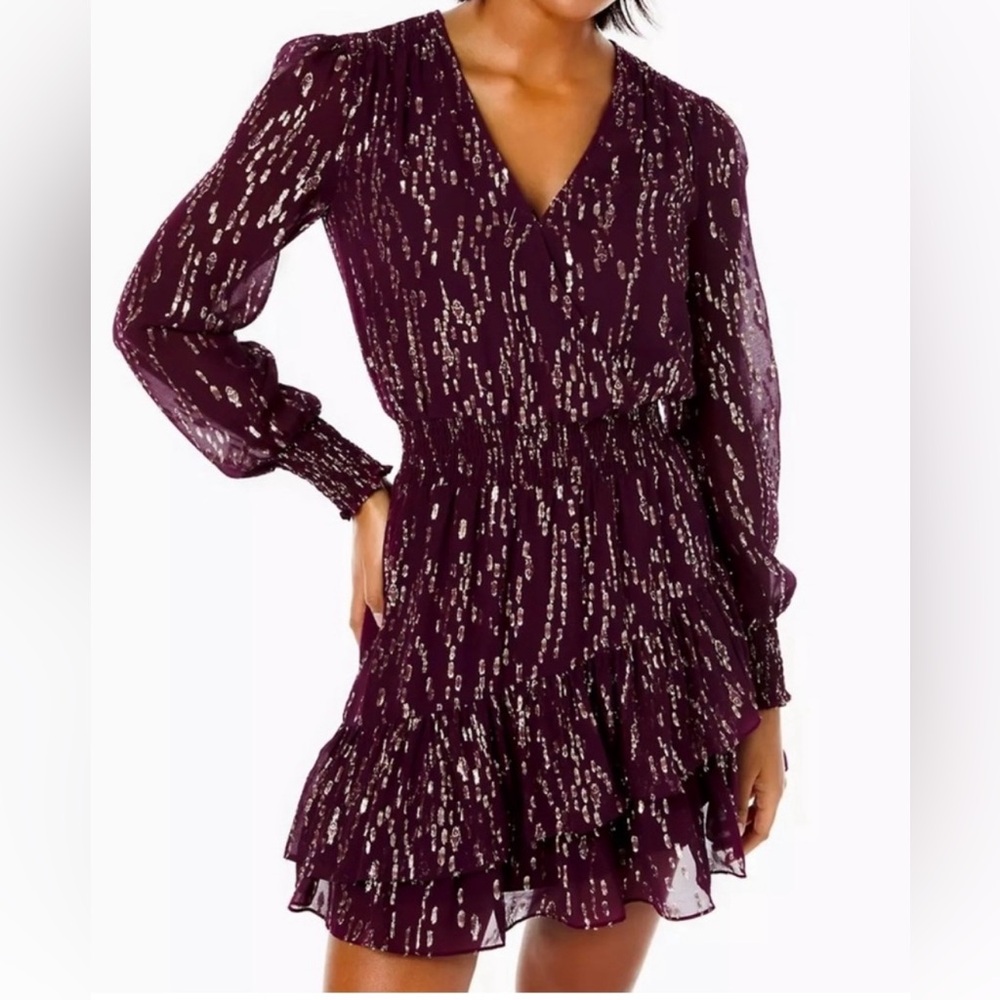 Lilly Pulitzer long sleeve silk Cristiana Dress Cherry ganache gold clip